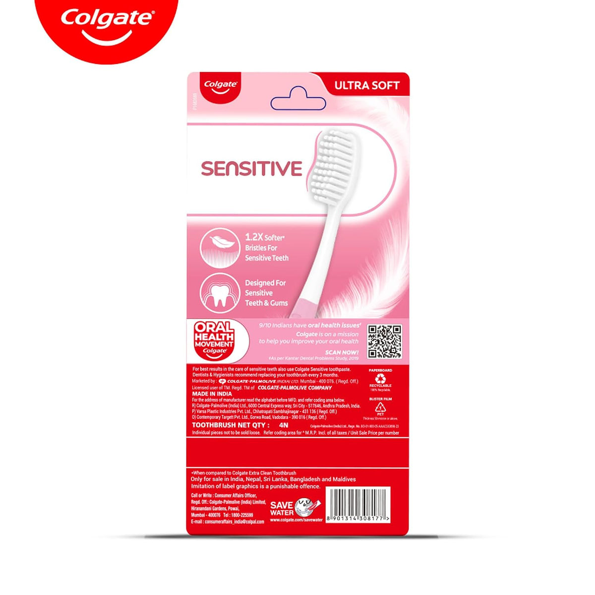 Colgate Sensitive Toothbrush Set | Ultra Soft Bristles | Sensitive Teeth 4 count (Pack of 1)