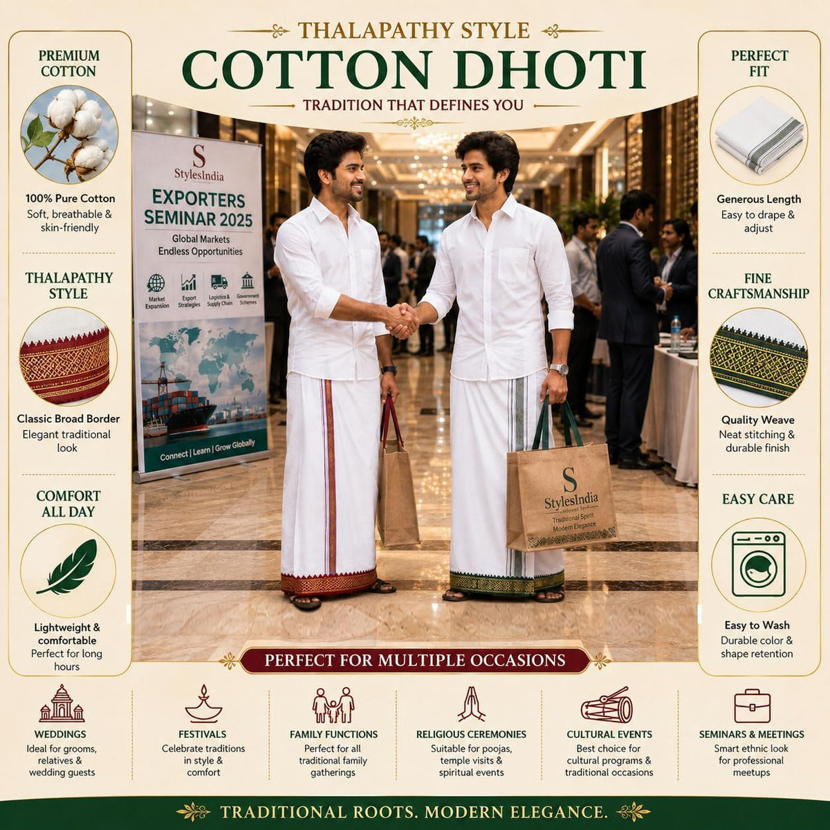 Single Layer Cotton Dhoti 1.8mts Vesti Mundu Ethnic Dress Thalapathy Style Border-White (Pack of 2)