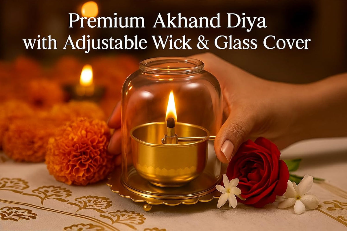 Brass Akhand Diya with Glass Chimney, 7.6 Cm, Adjustable Wick, Small Size Lamp for Pooja and Temple|akhand Diya with Adjustable bati