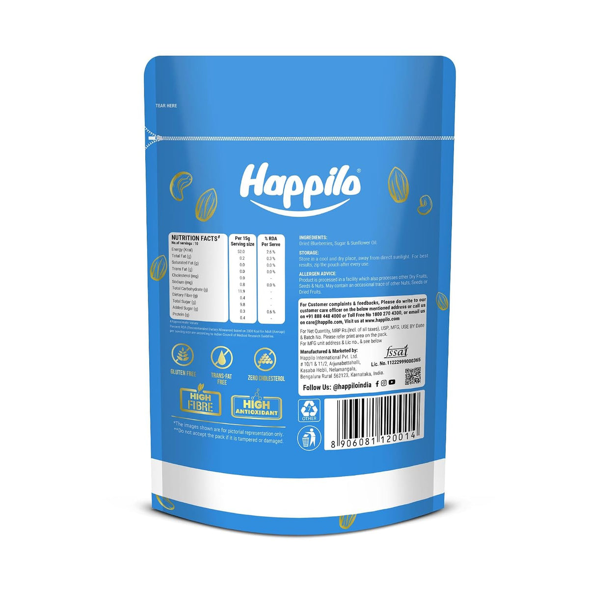 Happilo Premium Dried Californian Blueberries 150 g (Pack of 1) | Rich in Calcium and Vitamin K | Non-GMO & No Preservatives | Ideal For Snacking