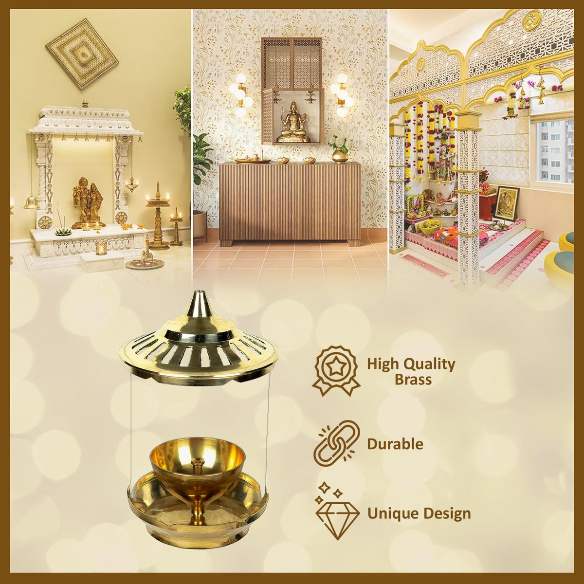 Klassic Kumbha 8 Inch Large Akhand Diya with Borosilicate Glass Shade, Wick Holder & Brass Lid | Premium Brass Oil Lamp for Mandir, Pooja, Diwali | Wind-Protect