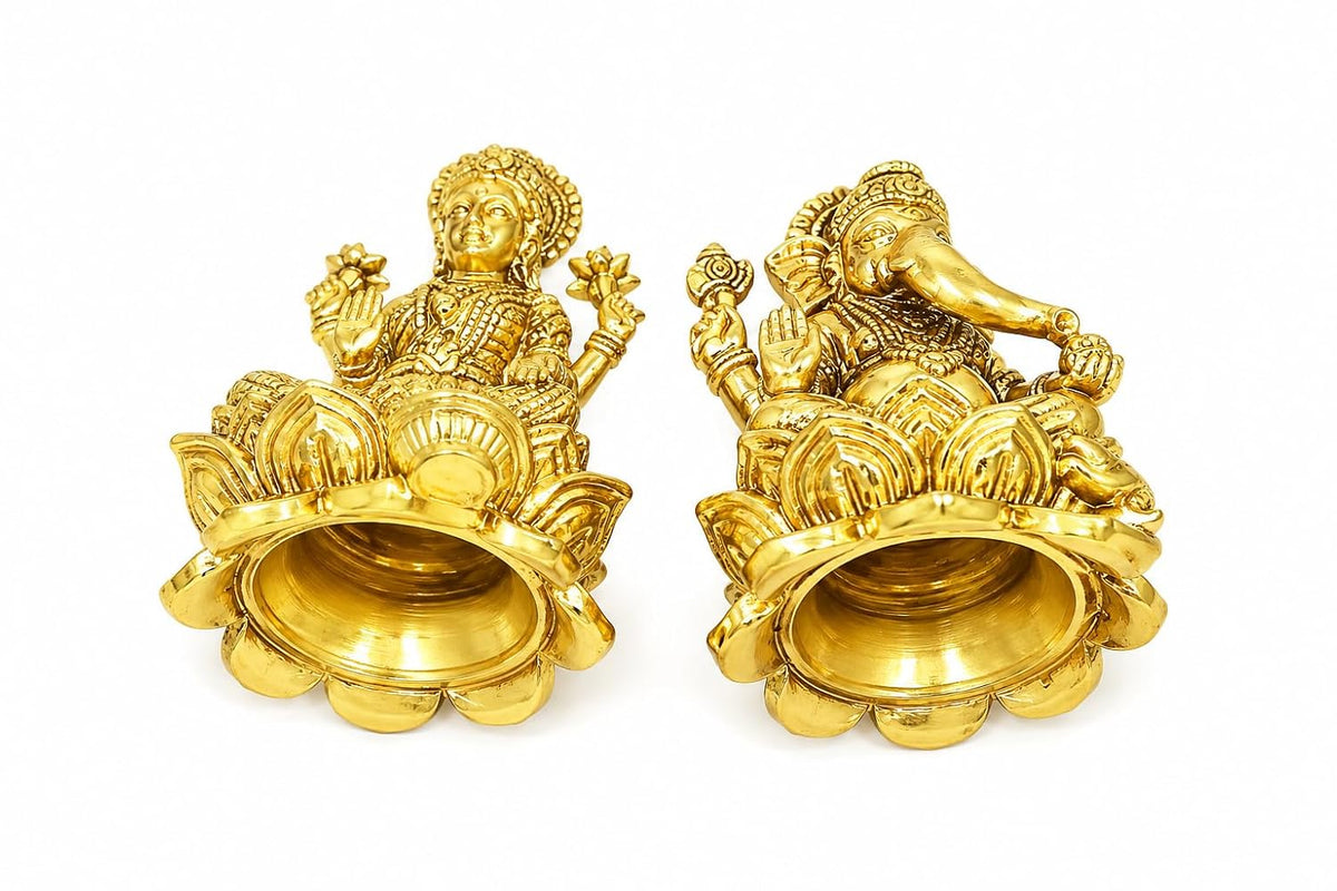 ARC Modern Antique Finish Brass Ganesha Lakshmi Idol Set | Handcrafted Ganpati & Laxmi MATA Murti for Home Temple, Pooja Room & Office Decor | Hindu God Statue