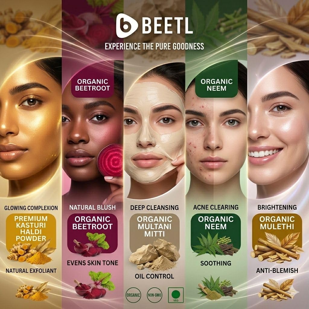 BEETL Beetroot, Mulethi, Kasturi Haldi, Multani Mitti & Neem Powder for DIY Face Packs | Botanical Skin Care Blend | Fine Texture | Plant Based Ingredients | Na