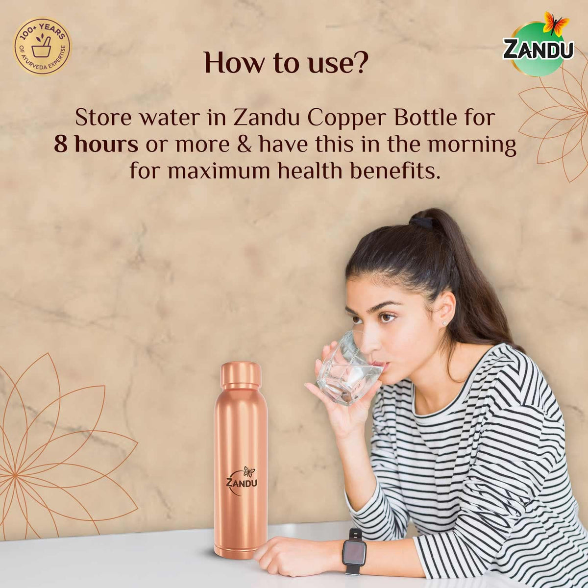 Zandu Copper Bottle (950ml): 100% Pure BPA-Free Water Bottle | Copper-Infused Water | Leak Proof | Office Use | Boosts Immunity | Supports Digestive & Liver Hea