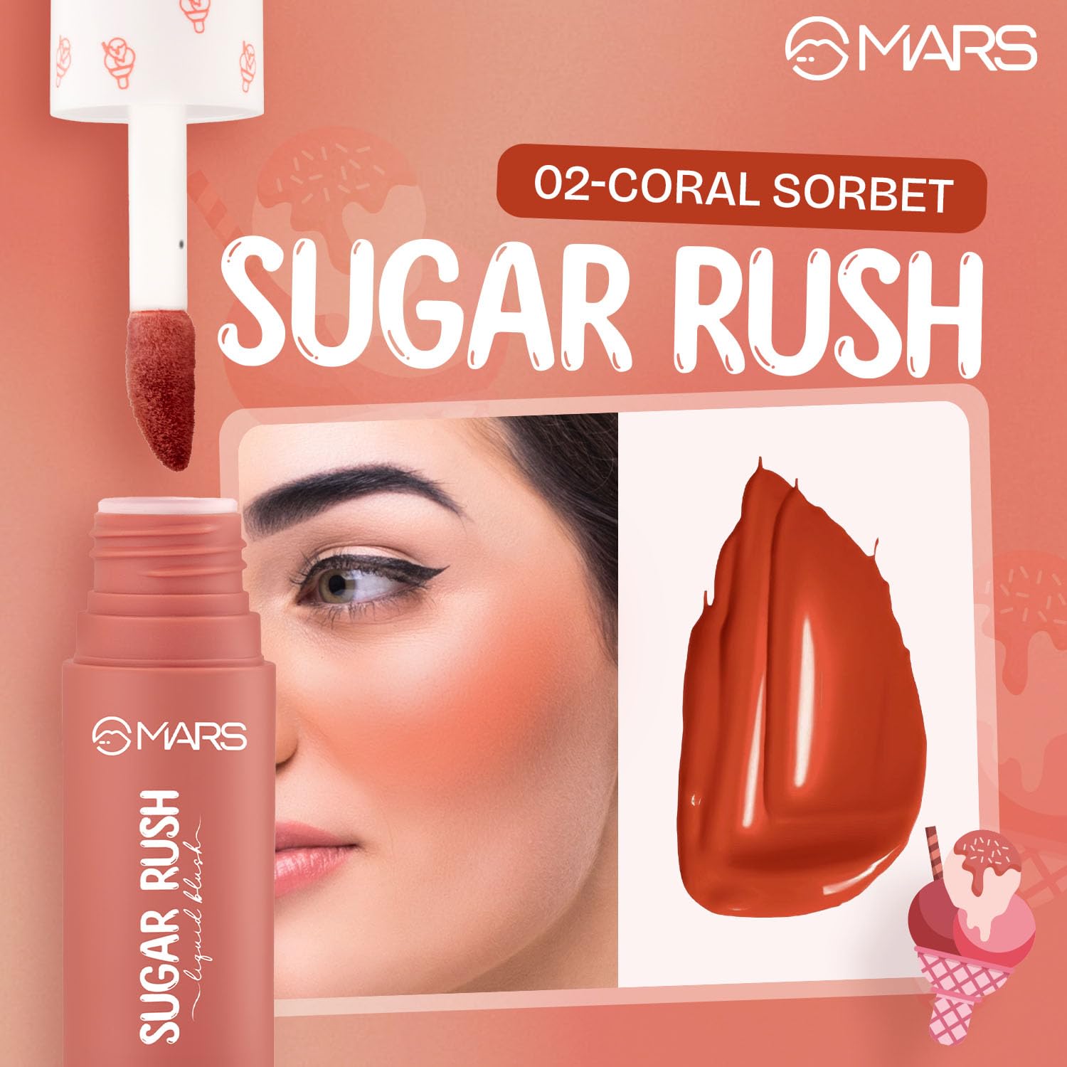MARS Sugar Rush Liquid Blush (02-CORAL SORBET) | High-Pigmentation | Lightweight Formula | Dewy Matte Finish | Long-Lasting | Smooth Radiant Glow | Easy Doe-Foot Applicator (4.5ml)