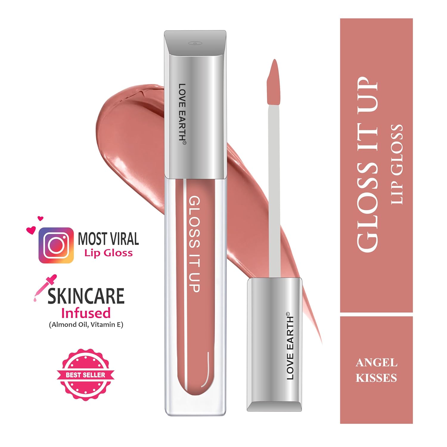 Love Earth Liquid Lip Gloss -Angel Kisses For Soft & Dewy Lips Enriched With Vitamin E & Almond Oil | Lip Color For Glossy Look |Lightweight Non Sticky Lip Shiner For Moisturizing Lips 3ml (Peach)