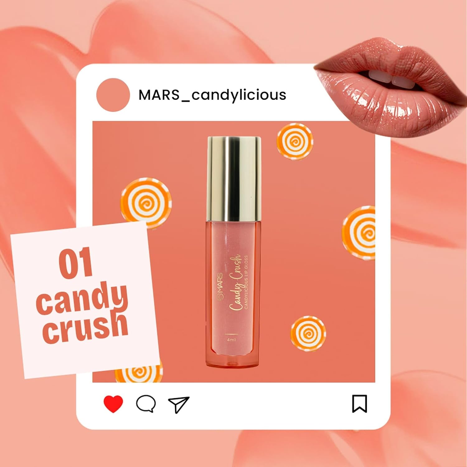 MARS Candylicious Sheer Lip Gloss for Women | Hydrating & High Shine | Lightweight | Non-Sticky | Enriched with Vitamin-E, Hyaluronic Acid & Avocado Ester (4.0ml) (01-CANDY CRUSH)
