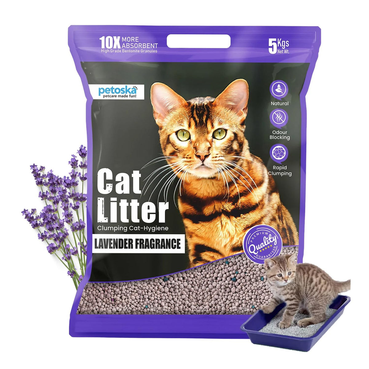 Petoska Lavender Cat Litter 5kg | 100% Natural Bentonite Clay | Clumping Cat Litter with Fast Odour Lock, Low Dust & Gentle on Paws, Premium 5kg Lavender Fragra