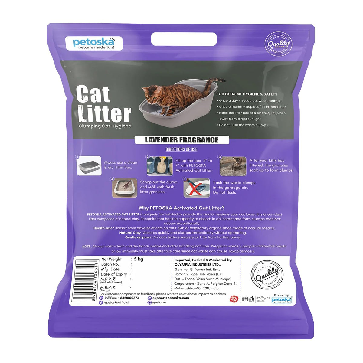Petoska Lavender Cat Litter 5kg | 100% Natural Bentonite Clay | Clumping Cat Litter with Fast Odour Lock, Low Dust & Gentle on Paws, Premium 5kg Lavender Fragra
