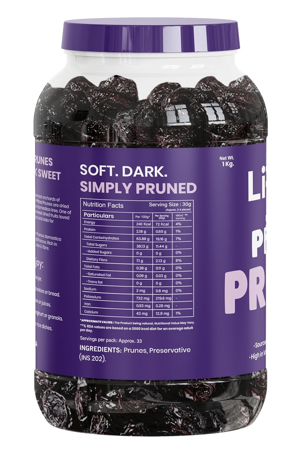 Livyor Premium Pitted Prunes for eating - 1kg | Healthy Snack | Seedless | Dried Plums | Source of Fibre | High in Vitamins | Rich in Pottasium | Pack of 1