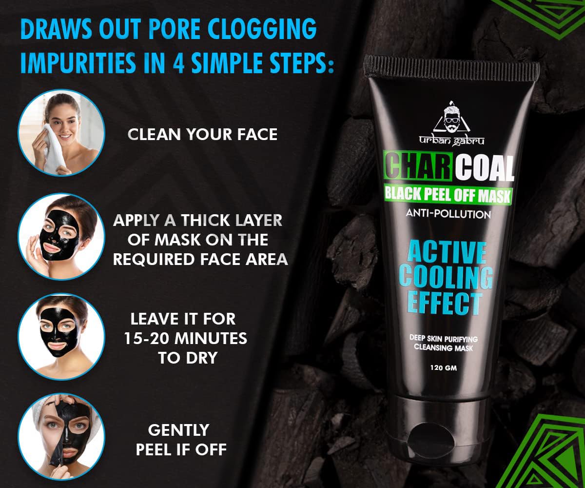 UrbanGabru Charcoal Black Peel Off Mask for Men & Women | Removes Blackheads and Whiteheads | Active Cooling Effect | Deep Skin Purifying Cleansing (60 gm) 60 G