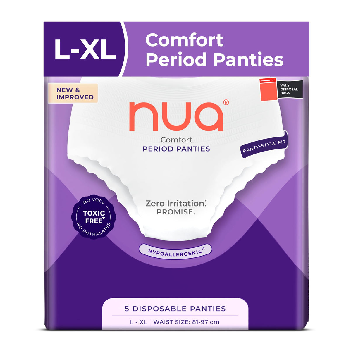 Nua Comfort Period Panties (L-XL) | Pack of 5 | Disposable | 360° Coverage | Zero Irritation | 4X Comfort | for Heavy Flow | No rashes | Leakproof | Seamless |