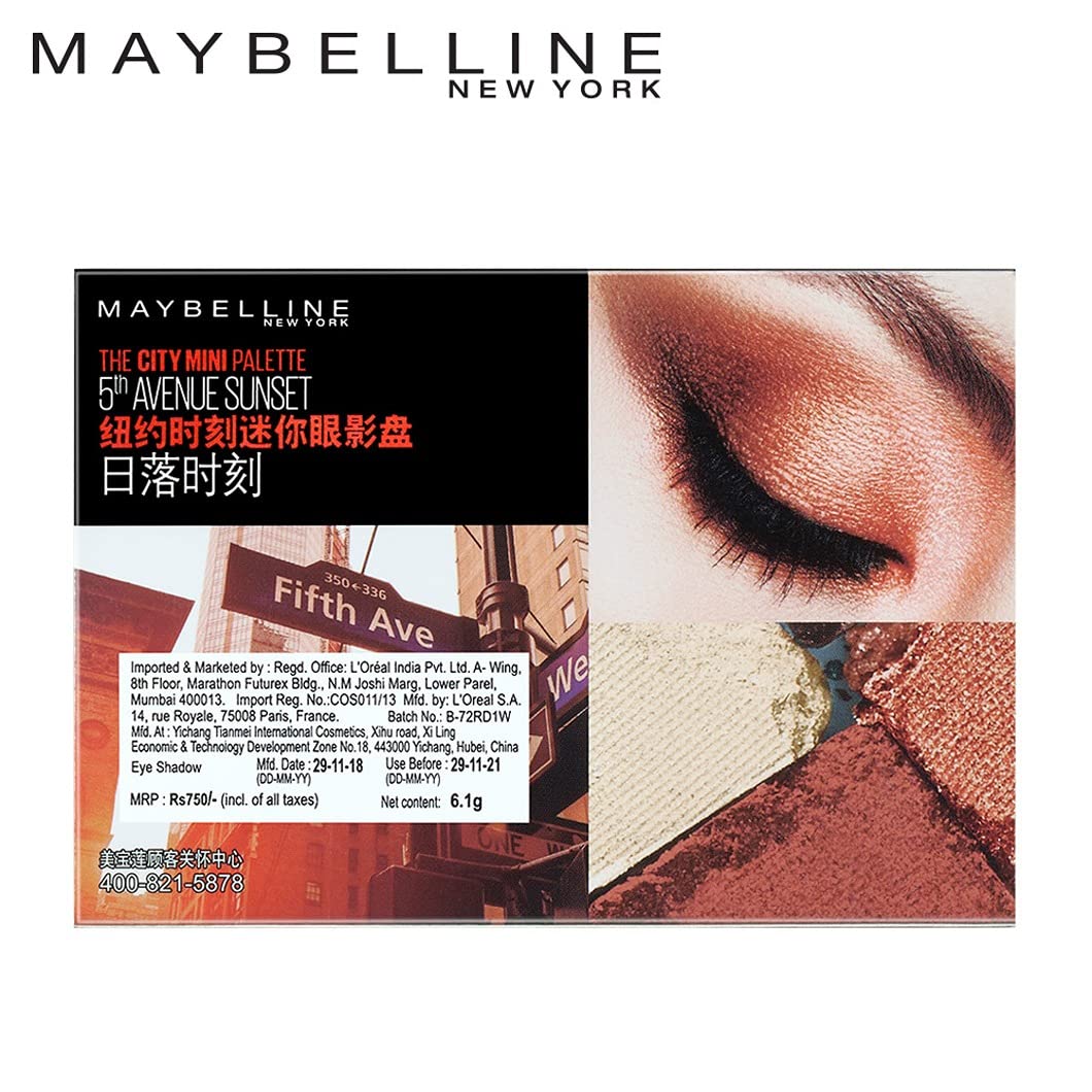 Maybelline New York The City Mini Eye Shadow Palette - 5th Avenue Sunset, 6 Highly Blendable Shades, Shimmer & Metallic Finish. The City Mini Eyeshadow Palette is Pigmented & Long-lasting