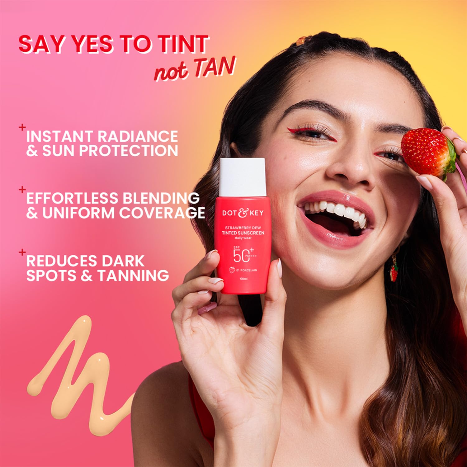 Dot & Key Strawberry Dew Tinted Sunscreen In-Vivo Tested SPF 50+ PA++++ With New-Age UV Filters, Brightens & Protects Skin, Ultra-light, Blends Easily, With Niacinamide, Natural Finish, Non-Sticky| 50ml