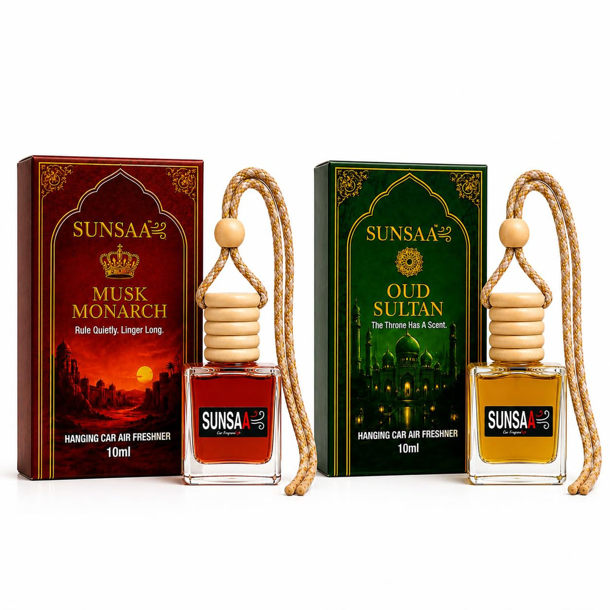 Premium Car Hanging Perfume Diffuser Combo Pack of 2 | Oudh Sultan & Musk Monarch Fragrance | Luxury Car Air Freshener for Car, SUV, Office & Home | Hanging Car