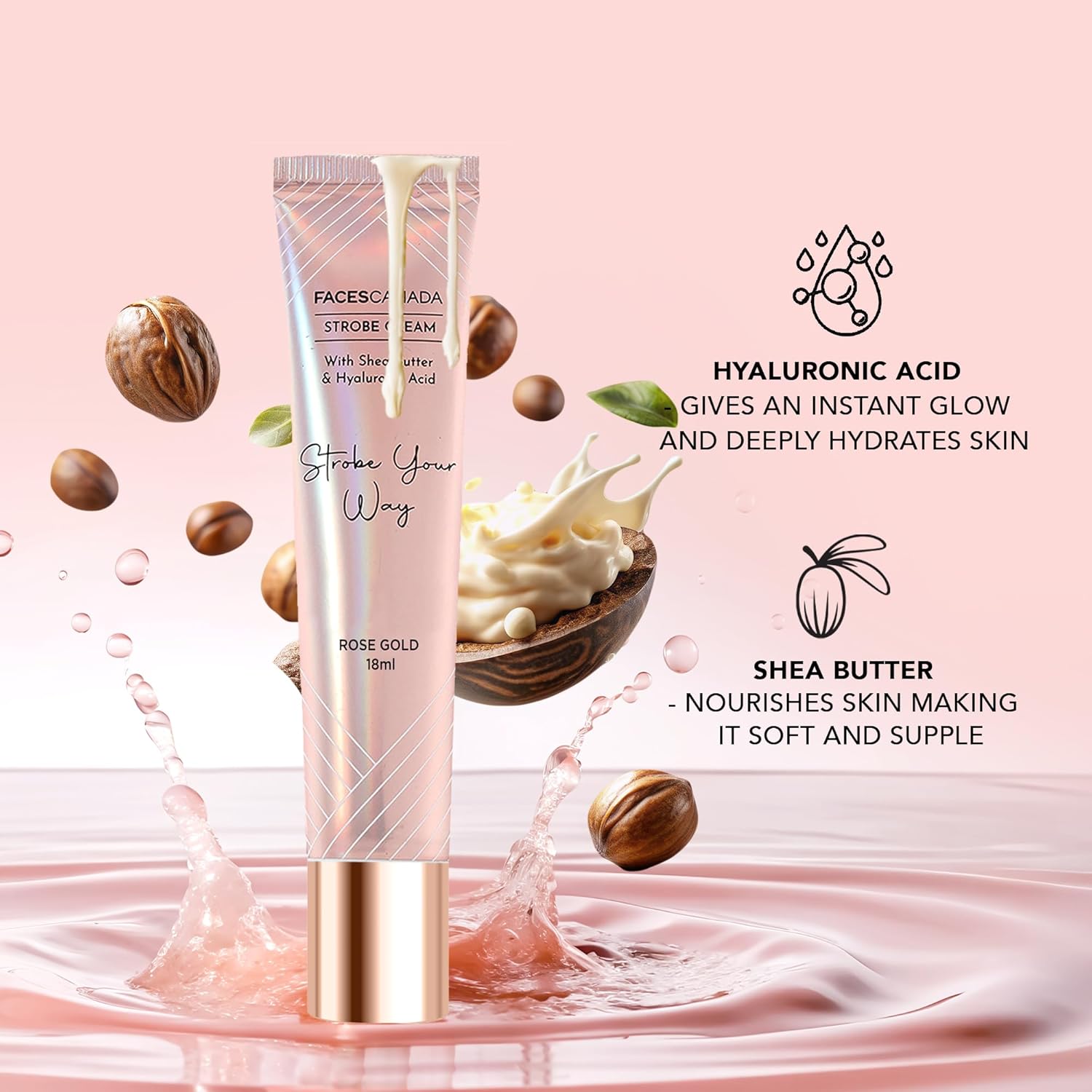FACES CANADA Strobe Cream Mini- Rose Gold, 18ml | Primer + Highlighter + Moisturizer | Shea Butter & Hyaluronic Acid | Intense Hydration | Flawless Radiant Dewy Skin | Illuminating & Glowing Makeup Base