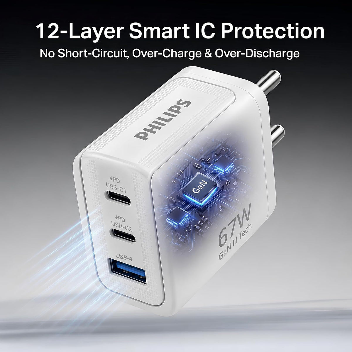 Philips DLP6331CW/94 Gen III Tech 67W Fast Charging Wall Charger (Alba White) | 2 USB-C PD + 1 USB-A | 3-Port Multi-Device Charger for Laptop, Smartphone, Table