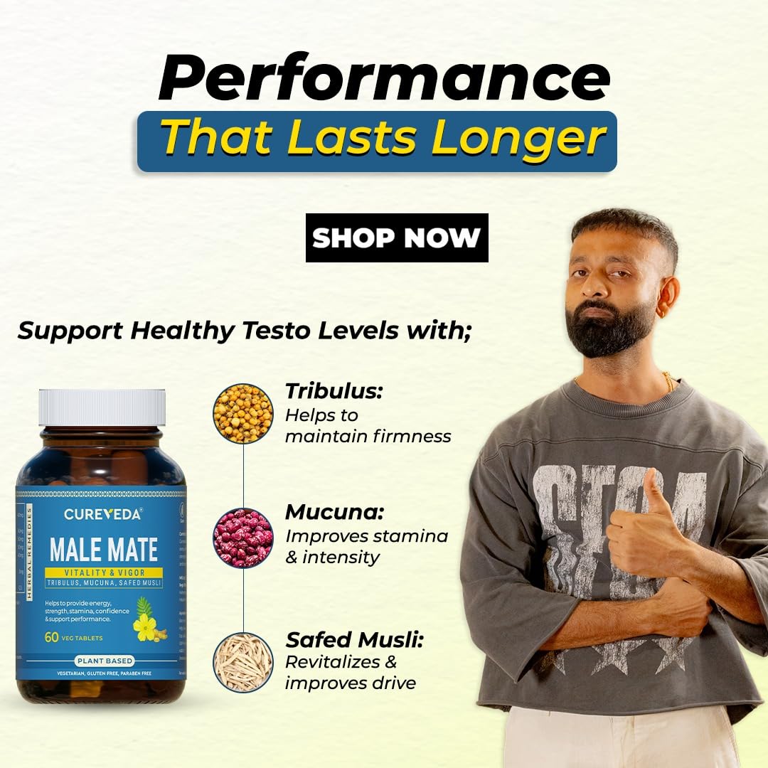 Cureveda Herbal Male Mate | Testosterone Support Supplement For Men | Tribulus, Mucuna, Safed Musli | 60 tab 60 count (Pack of 1)