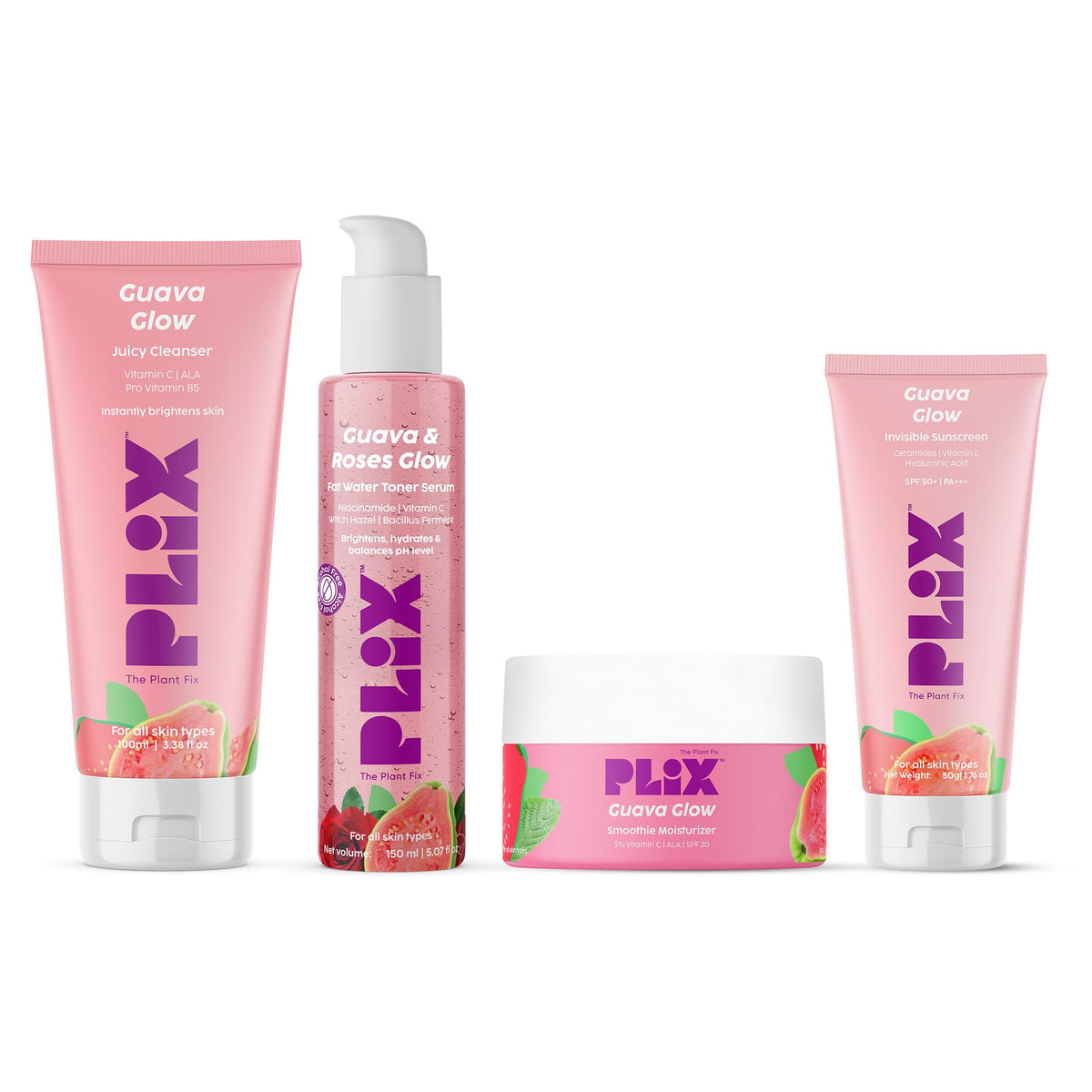 The Plant Fix Plix Guava & Roses Regime for Bright Skin & Balanced Skin pH|Hydrating Cleanser|2-in-1 Toner Serum|Smoothie Moisturizer|Invisible Sunscreen Gel Wi