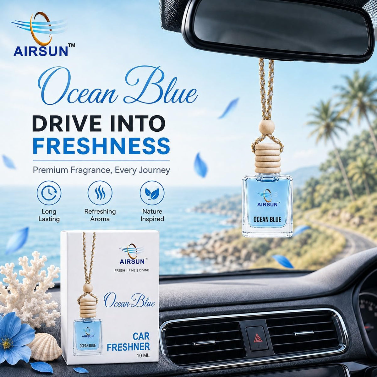 AIRSUN Ocean multicolor Car Freshener 10 ML | Hanging Car Perfume with Wooden Cap | Long-Lasting Refreshing Fragrance | Alcohol-Free Car Air Freshener for Car I