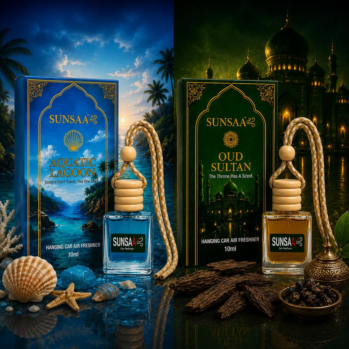 Premium Car Hanging Perfume Diffuser Combo Pack of 2 | Oudh Sultan & Musk Monarch Fragrance | Luxury Car Air Freshener for Car, SUV, Office & Home | Hanging Car
