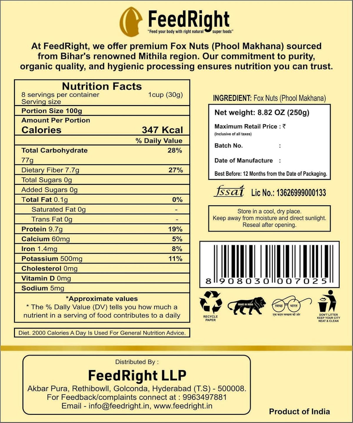 FeedRight Classic Medium standard size ORGANIC Handpicked Phool Makhana (Fox Nuts), Lotus Seeds | No small size mix | Crunchy Makhana, Light Healthy Natural Sna