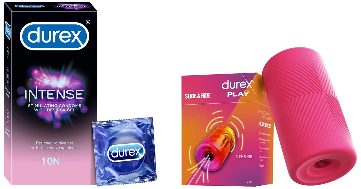 Durex Slide & Ride with Intense Condoms for her - 10 Count | Dotted and Ribbed condom with Desirex gel
