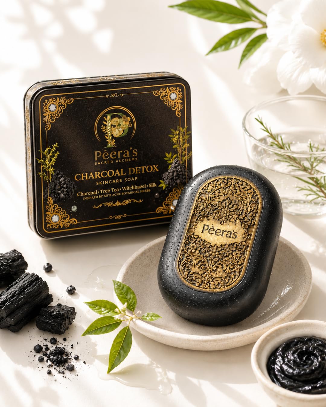 Pèera's Sacred Alchemy Charcoal Detox Skincare Soap Bar with Activated Charcoal, Tea Tree Oil, Witch Hazel, Silk Extract, Deep Cleansing