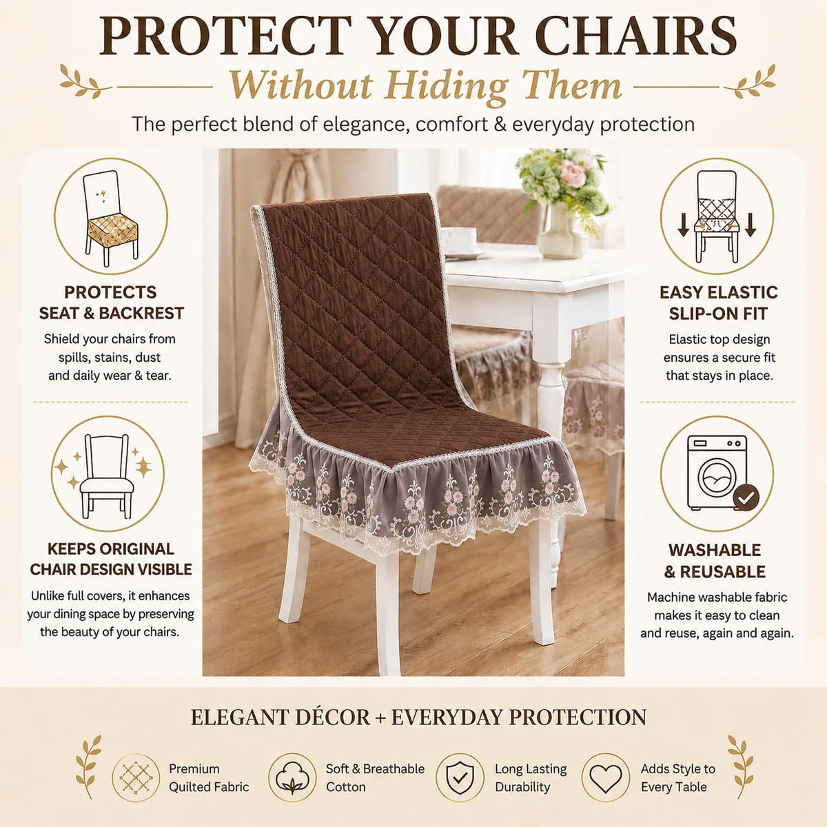 HOMETHREADS Vintage Dining Chair Protector Cover, Quilted Cotton with Lace Frills, Easy Slip-On Design, Protects Seat & Backrest While Keeping Chair Visible, Wa