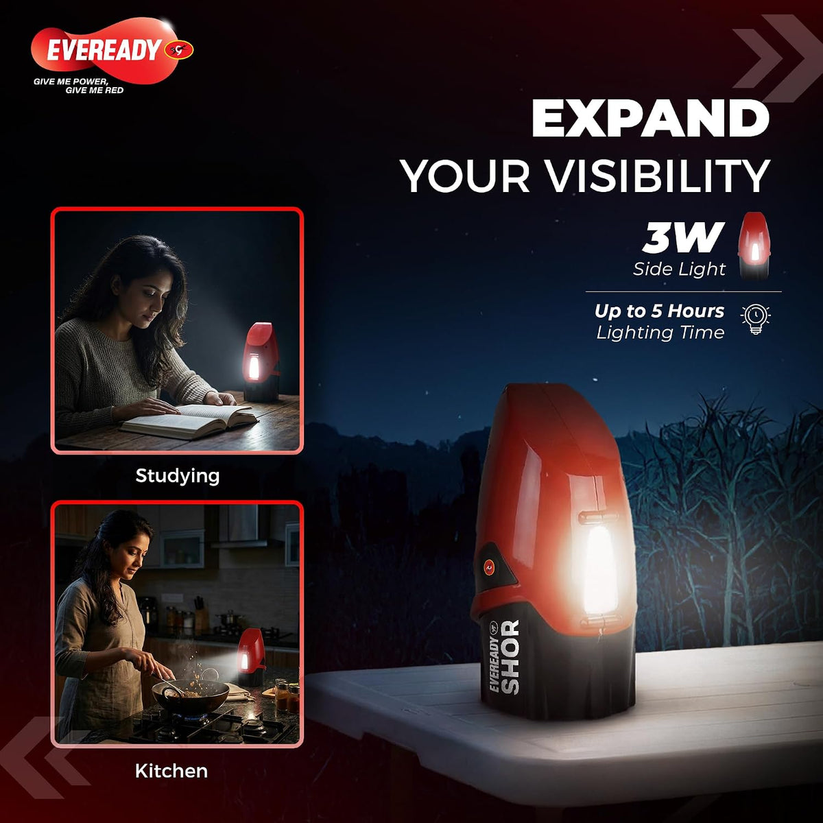 EVEREADY Shor DL190, Commander Torch, 5W Front Light & 3W Sidelight, Rechargeable, USB Type-C Fast Charging, Light Strobe, 100 dBA Animal Alarm, Powered by Li-i