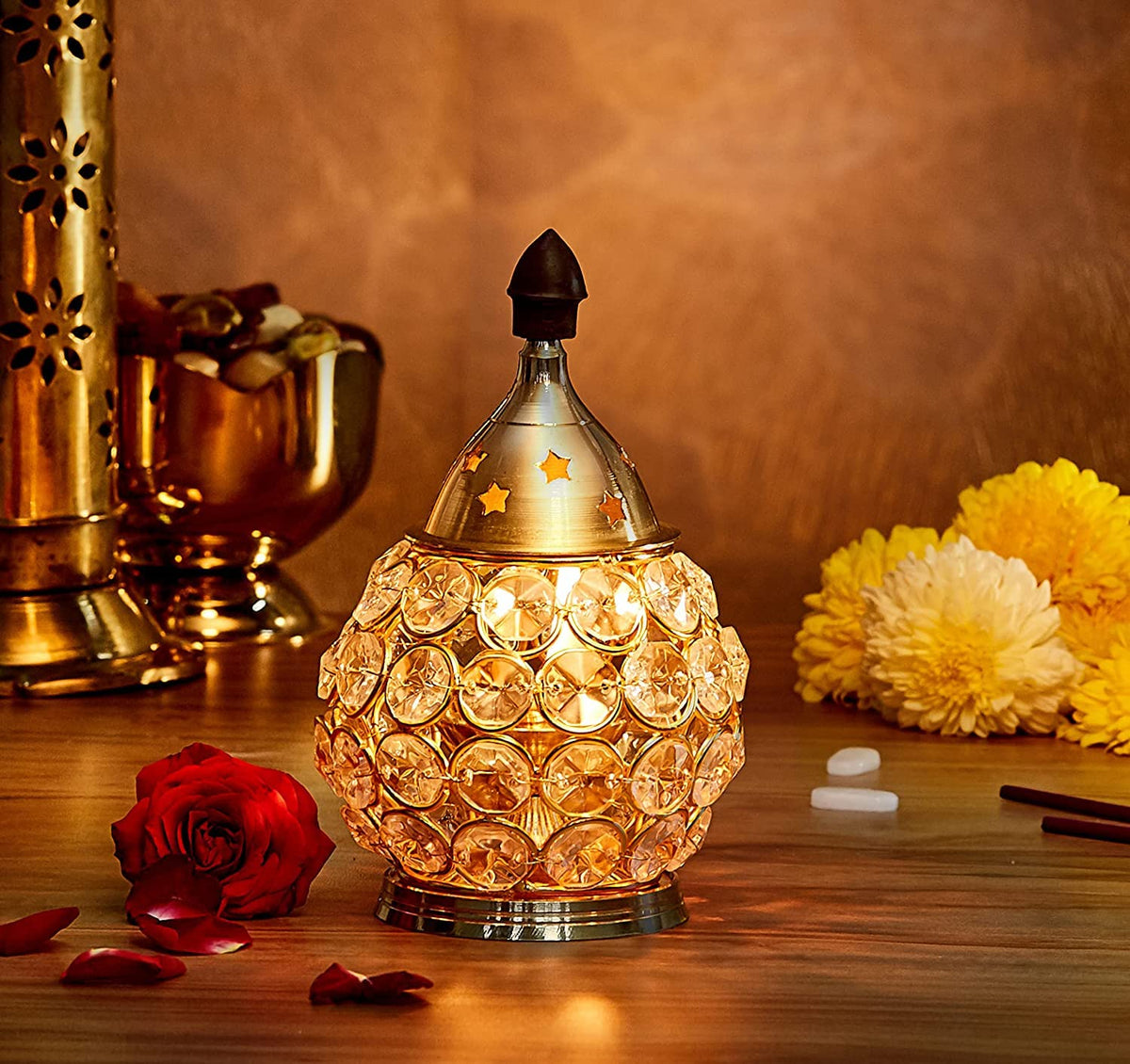 Klassic 4.5 Inch Swastik Akhand Diya with Borosilicate Glass Shade | Pure Brass Oil Lamp for Mandir, Daily Puja, Pooja Room, Diwali, Prayer, Wick Holder Festive
