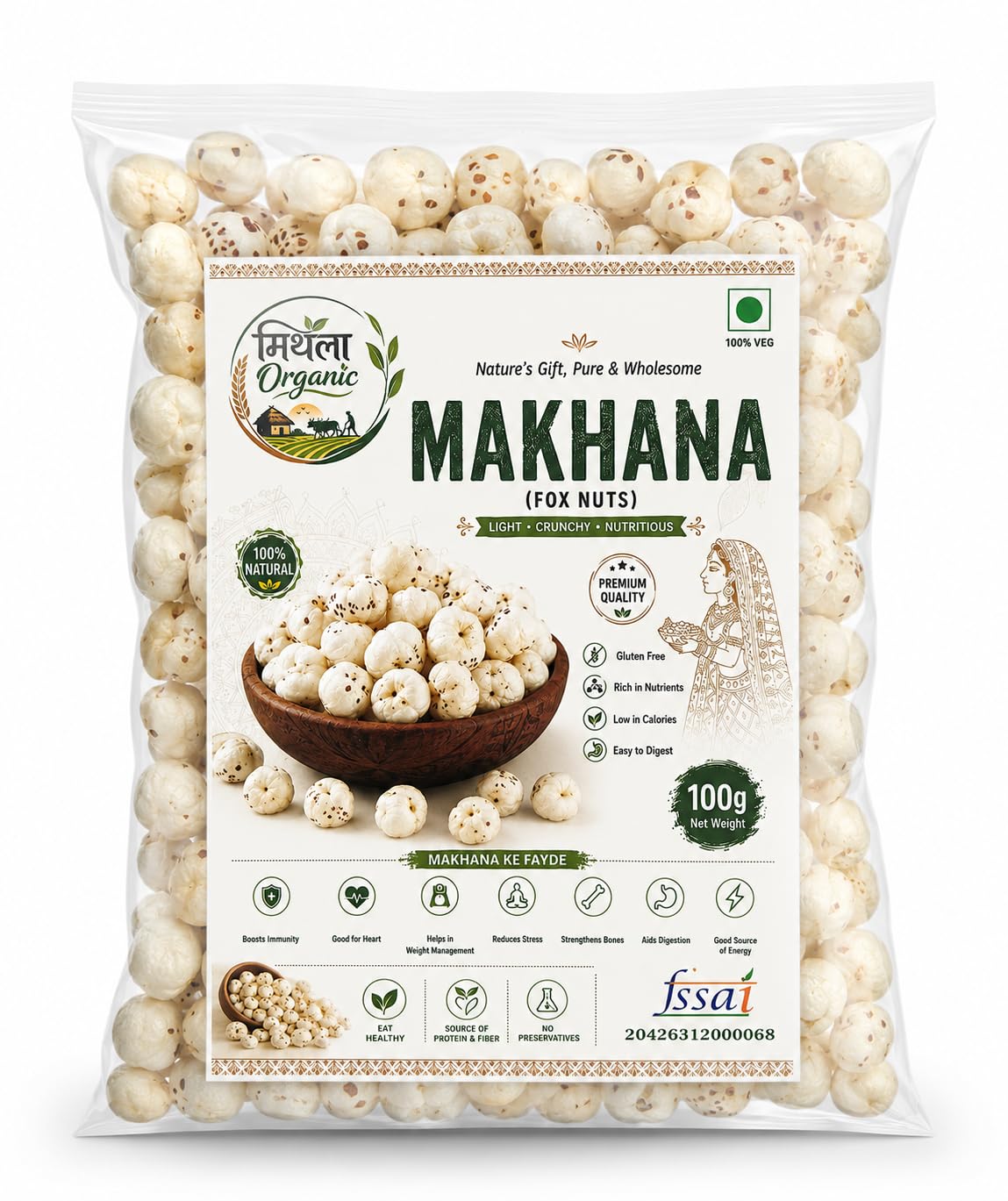 Mithila Organic Makhana Fox Nuts and Lotus Seeds Big Size Phool Makhana 100g