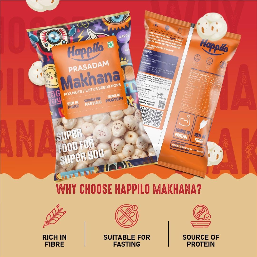 Happilo Premium Plain Prasadam Makhana 200g, Fit for Fasting, Lotus Seed Pop/Gorgon Nut Puffed Kernels, Hand-Picked 200 g (Pack of 1)