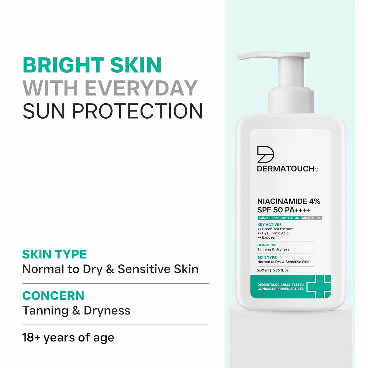 DERMATOUCH Niacinamide 4% SPF 50 PA++++ Sunscreen Lotion 200ml – Body Lotion For Tanning & Dryness | Suitable For All Skin Types 200 ml (Pack of 1)