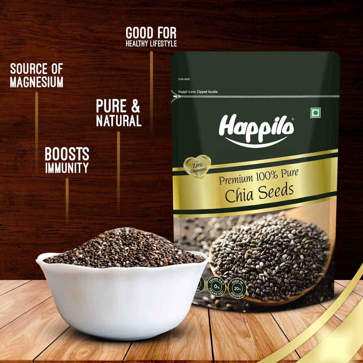 Happilo Premium Raw Chia Seeds 200g (Pack of 1) | Seed for Eating | Healthy Snacks | Good for Weight Management | Nutrient-Rich Superfood, High in Omega-3 Fatty