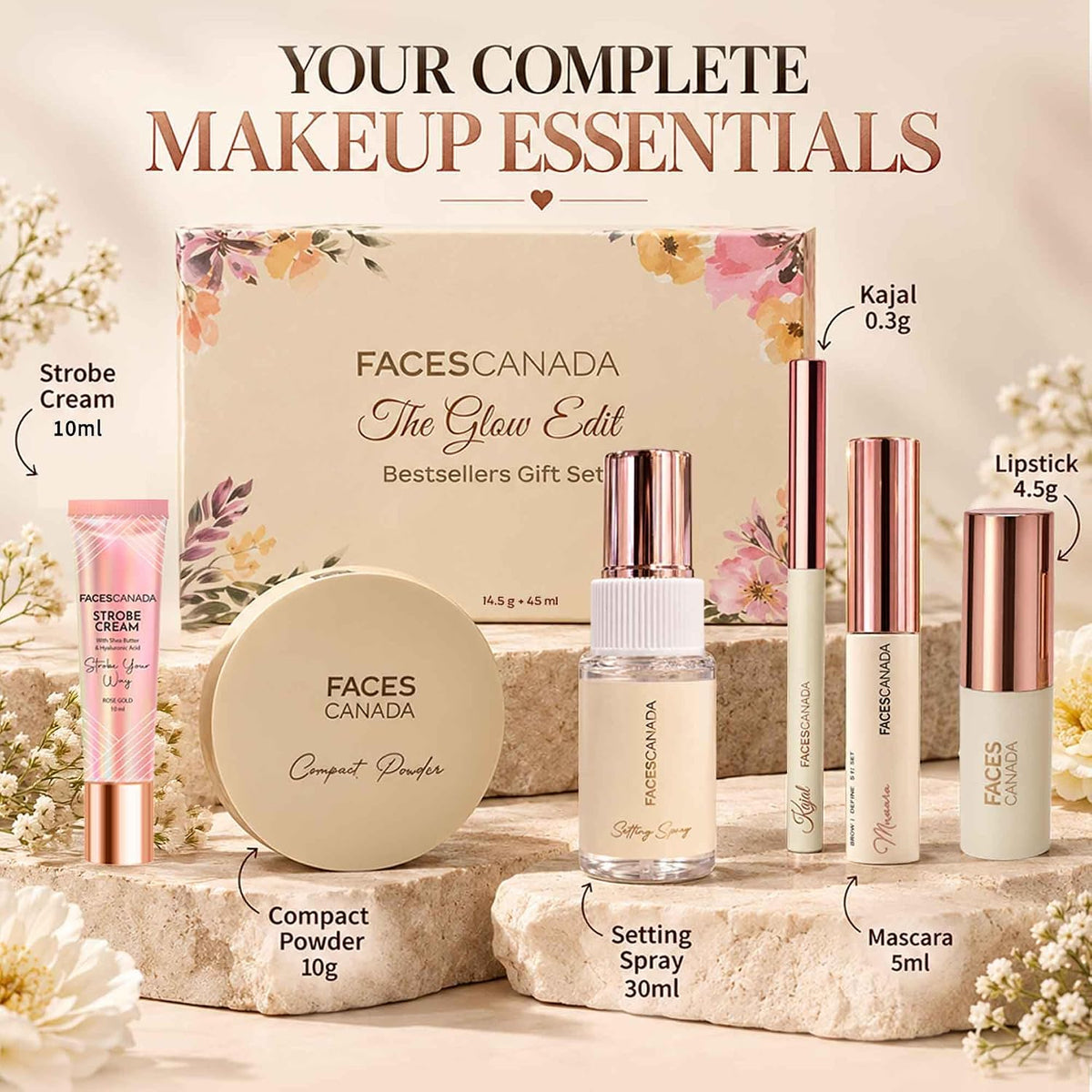 FACES CANADA The Glow Edit: Bestsellers Gift Set, Pack of 6 | Makeup Gift Set | Natural Compact 10g, Mascara 5ml, Shimmer Setting Spray 30ml, Black Kajal 0.3g,
