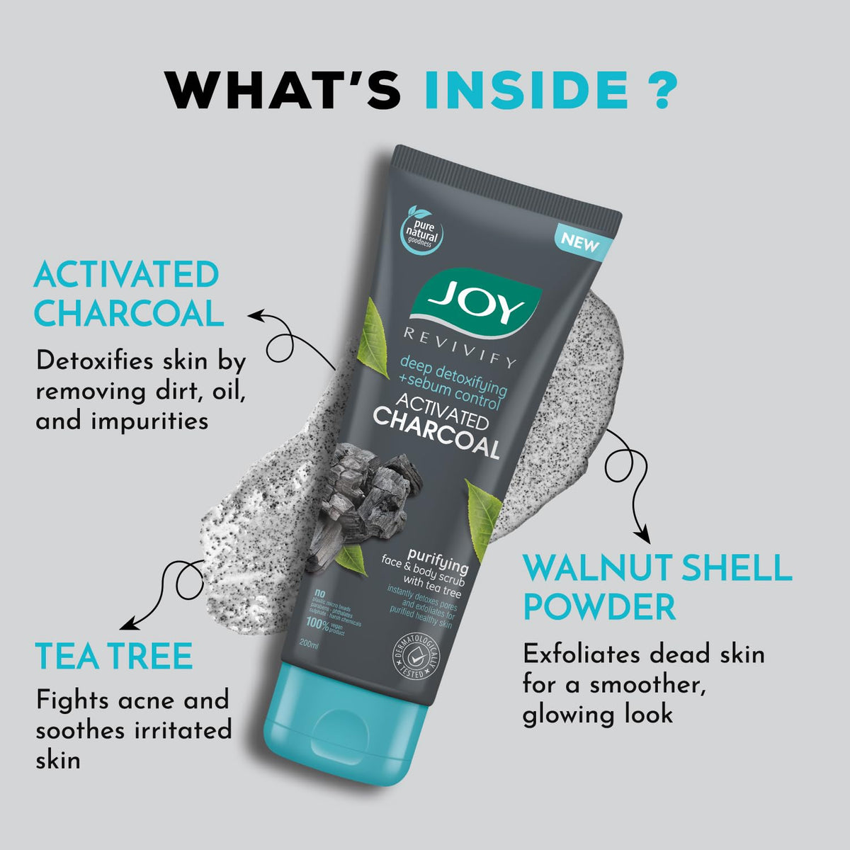 Joy Exfoliating Charcoal Face Scrub for Men & Women (200gm) | Oil Control Scrub For Face with Tea Tree | Detoxifies & Purifies All Skin Types | 100% Vegan; Gent