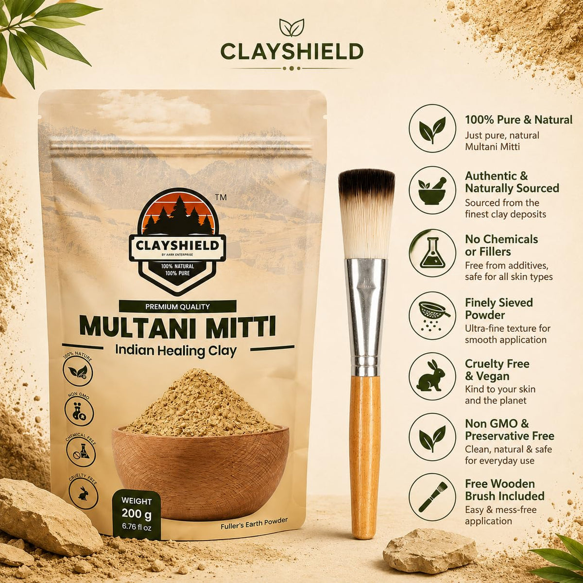 100% Pure Multani Mitti Powder 200g with Free Wooden Brush | Fuller's Earth Face Pack | Deep Cleansing, Oil Control & Natural Glow | Ayurvedic Skincare for All