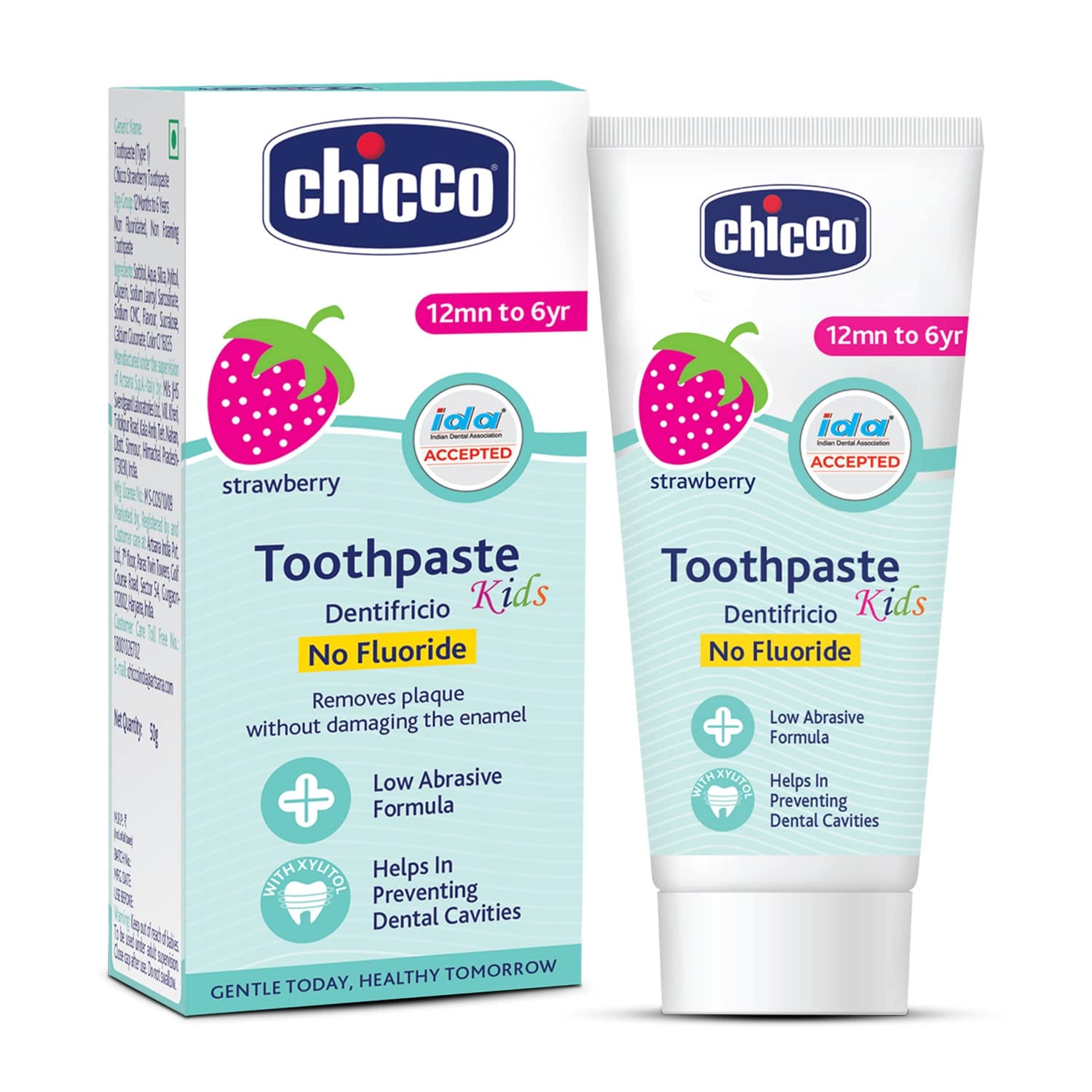 Chicco - Toothpaste, Strawberry Flavour for 12mn to 6yr Baby, Fluoride-Free (50g)