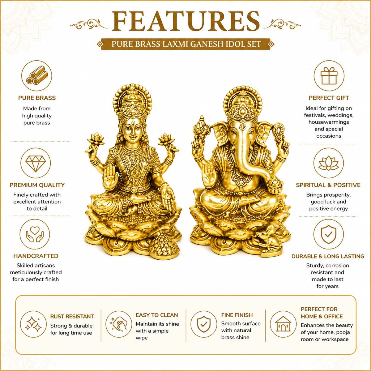 ARC Modern Antique Finish Brass Ganesha Lakshmi Idol Set | Handcrafted Ganpati & Laxmi MATA Murti for Home Temple, Pooja Room & Office Decor | Hindu God Statue