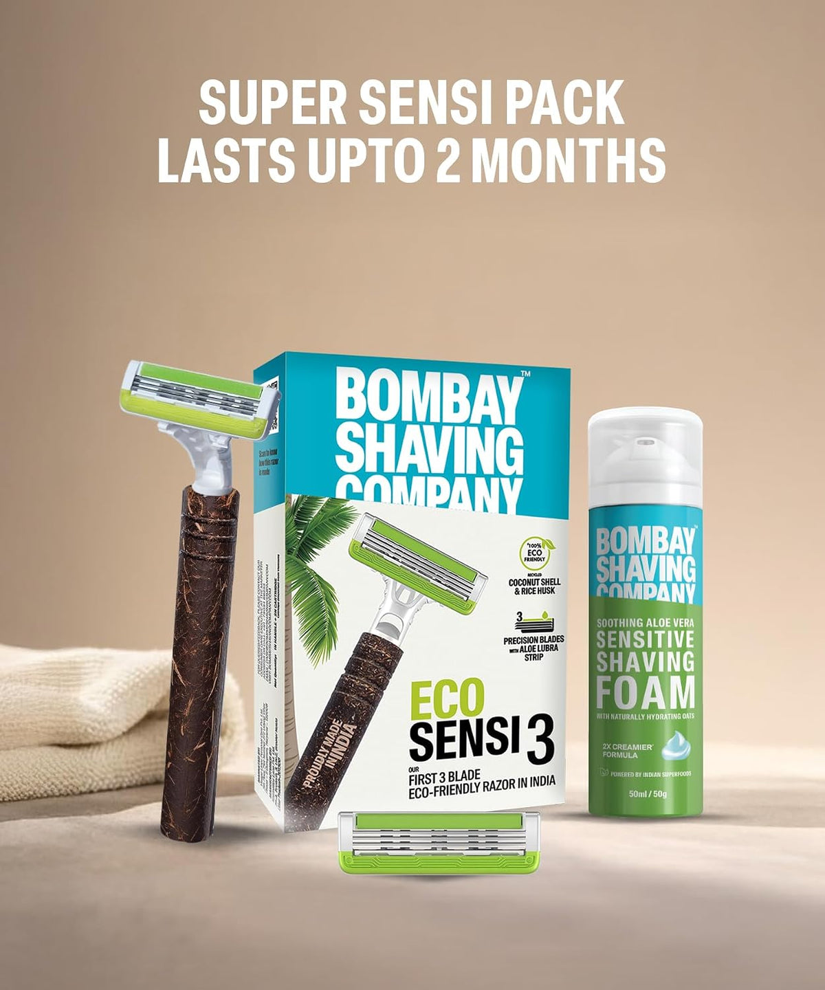 Bombay Shaving Company Eco Sensi 3 Razor and Sensitive Shaving Foam Combo | 3 Blades Shaving Razor For Men | 1 Handle with 2 Cartridge blades | Sensitive Shavin