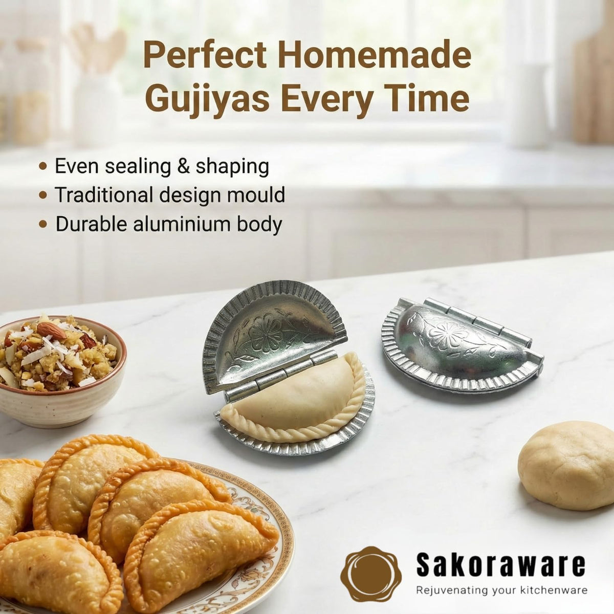 Sakoraware Aluminium Gujiya Karanji Dumpling Maker | Gujia Karjikai Kadubu Kollukattai Mould Cutter Sacha Machine Kitchen Molds for Ganesh Chaturthi Holi Diwali