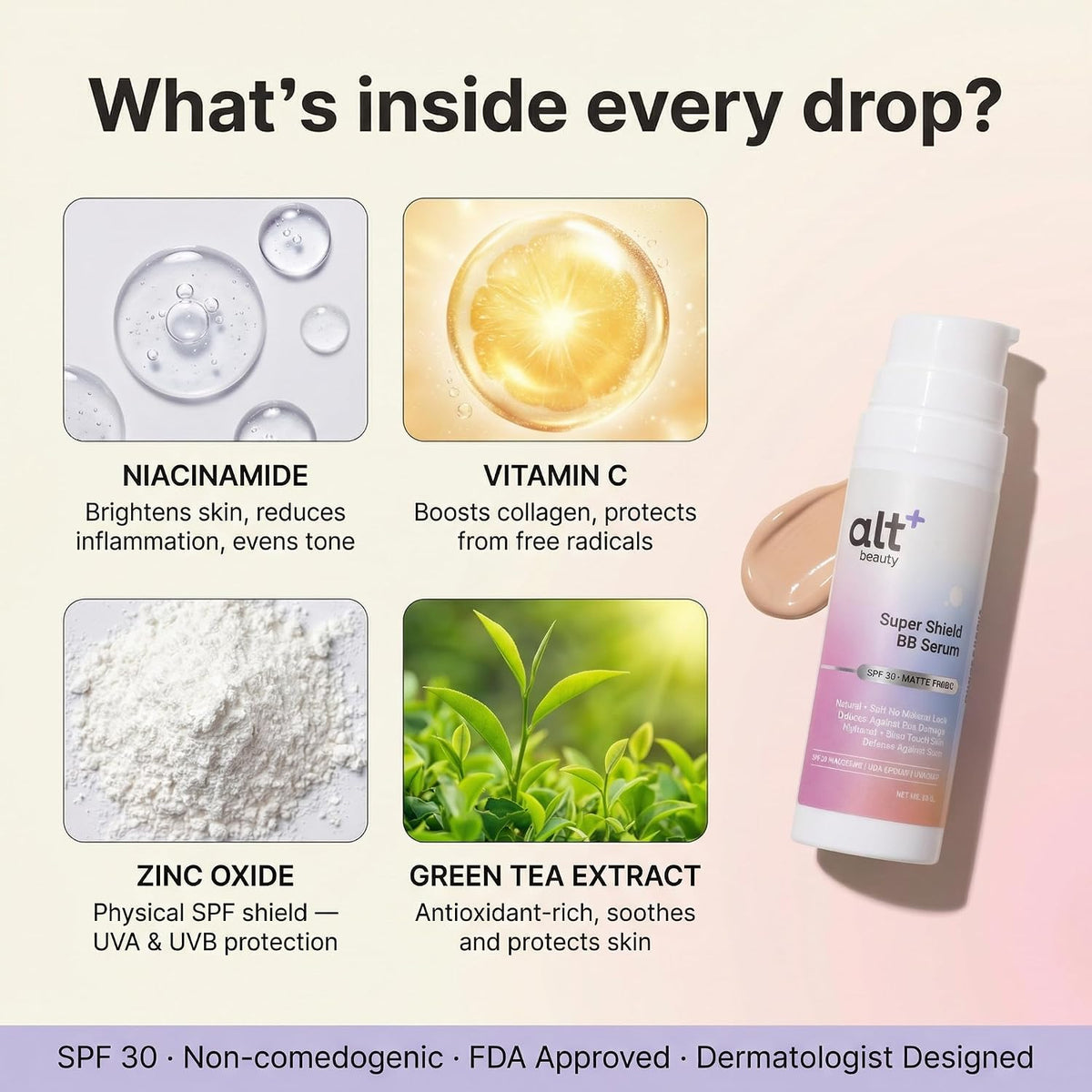 Super Shield BB Serum | Tinted BB Cream Serum for Natural No-Makeup Look | Mineral Sun Protection with Zinc Oxide | Niacinamide & Vitamin C for Glow | Lightweig