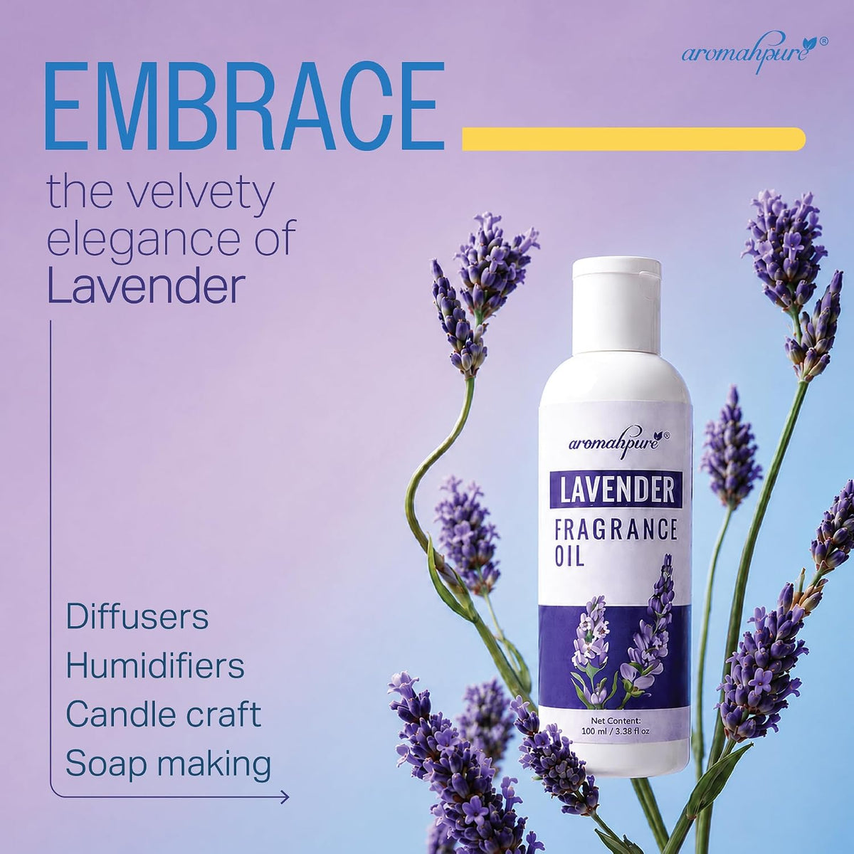 Aromahpure Lavender Aroma Oil | 100ml Undiluted & Natural | Long-Lasting Scent for Aromatherapy, Candle & Soap Making, Diffusers, Room Freshener, Humidifier, Ba