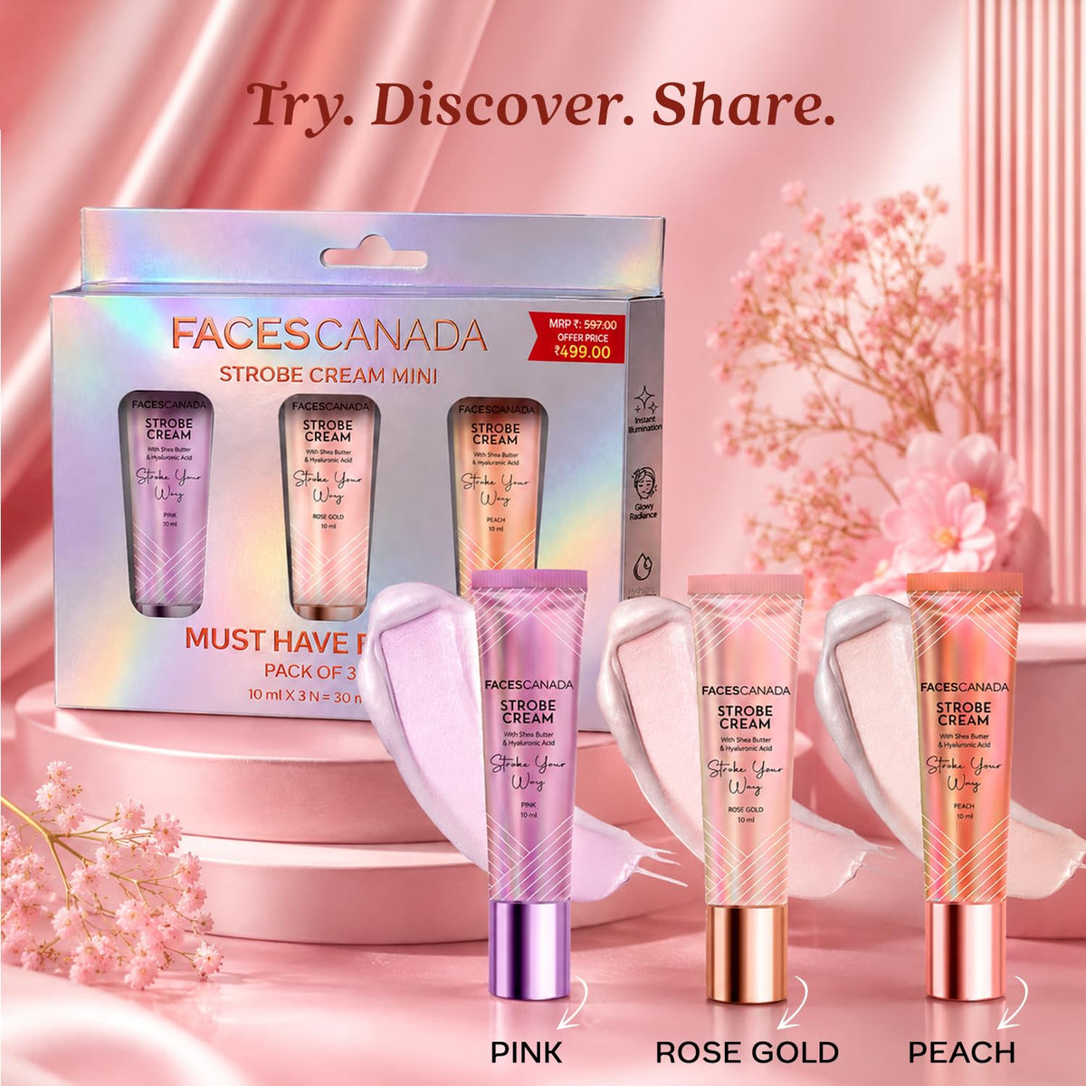 FACES CANADA Strobe Cream - Must Have Minis (10ml x 3) | Rose Gold + Pink + Peach | Primer + Highlighter + Moisturizer | Shea Butter & Hyaluronic Acid | Intense