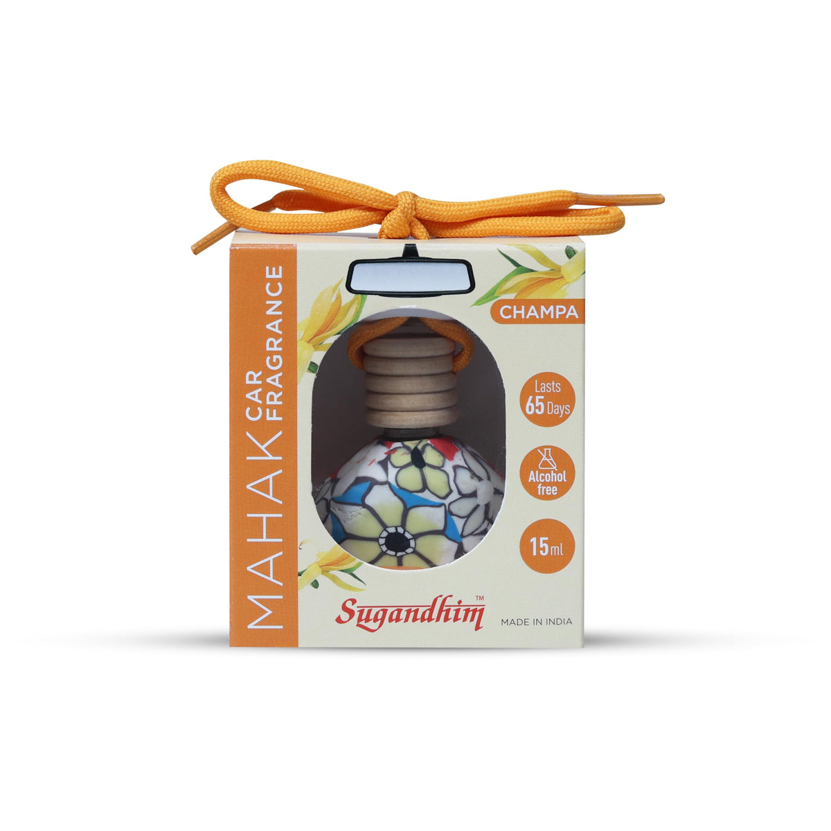 Sugandhim Mahak Champa Car Air Freshener, Hanging Perfume Bottle Scent Diffuser for Cars, Natural Floral Fragrance Oil - Lasts 65 days, 15 ml x 1 bottle,Non Alc
