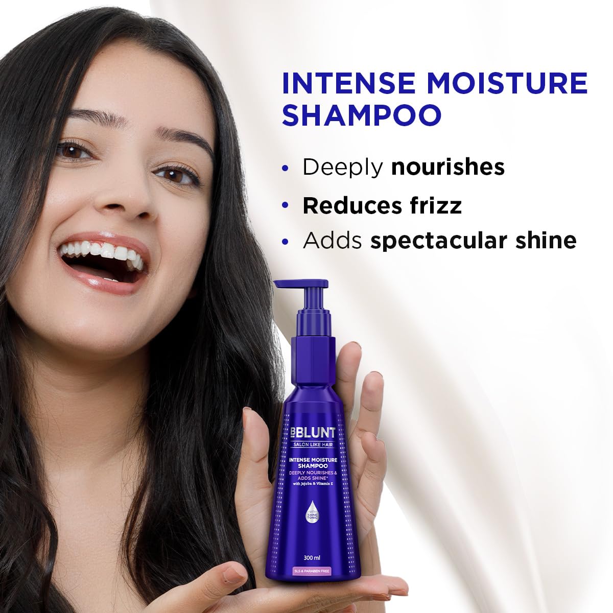 Bblunt Intense Moisture Shampoo with Jojoba and Vitamin E for Dry & Frizzy Hair | Moisturizes & Hydrates | Adds Shine | For Men & Women | 300 ml