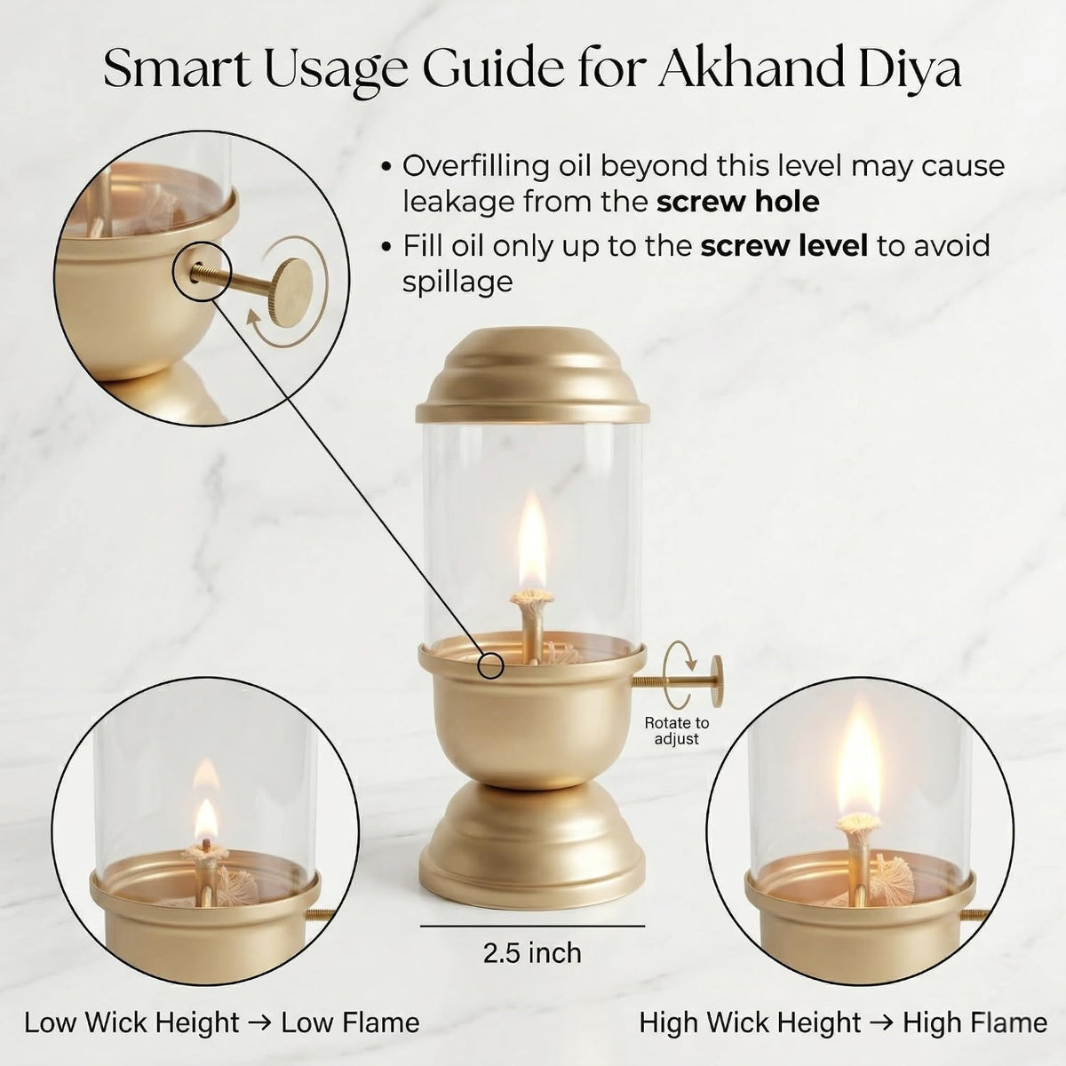 Akhand Diya with Adjustable Bati Knob, Wick Lifting Screw Lever