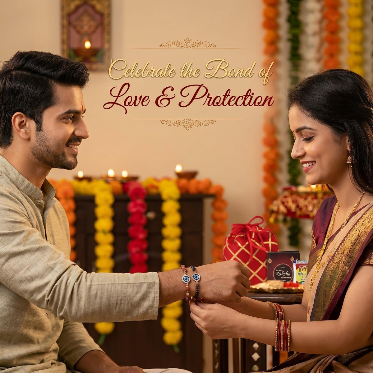 Kalakriti Handmade Rakhi for Brother and Bhabhi Combo Set of 2 With Designer Kundan Lumba Bracelet for Bhabhi With Roli Chawal, Raksha Bandhan Greeting Card and
