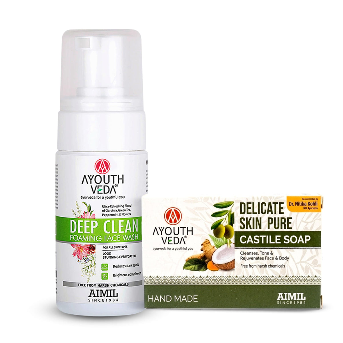 Ayouthveda Combo For Dirt Free Clear Skin, Dark Spots, Refreshes Complexion - Deep Clean Foaming Face Wash 100ml | Delicate Skin Pure Handmade Castile Soap With
